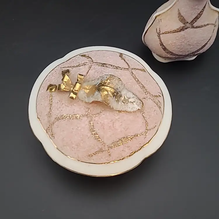 Vintage Pink Hand Painted Mid-Century Lefton China Vanity Dish & Perfume Bottle