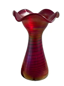 Kralik Ruby Red Stretch Glass Swirl Iridescent Ruffle Top Vase Signed