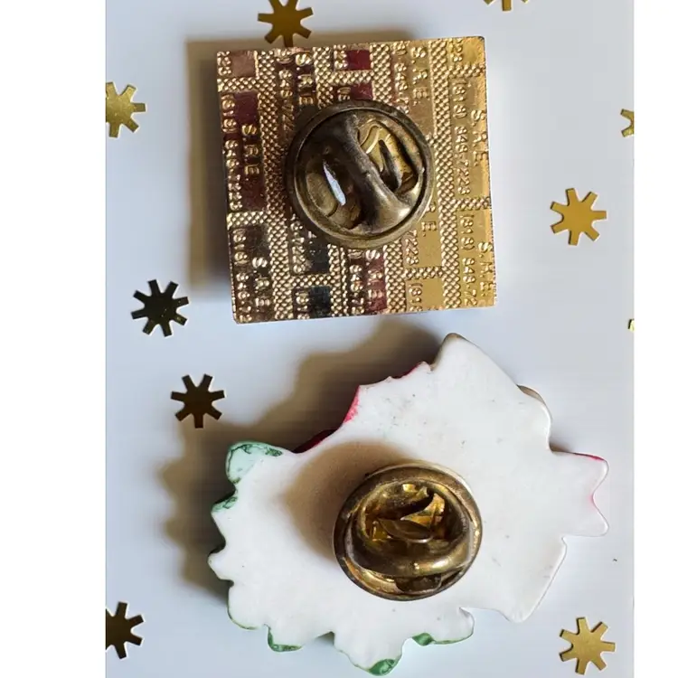 2 Christmas Scatter Lapel Hat Pins - 1 S.R.E. Signed Present - 1 Bells
