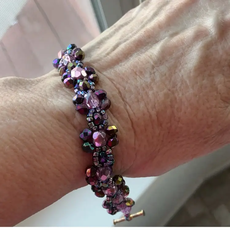 Purple Swarovski Crystal Bead Bracelet with Toggle Artisan Made 7.25”