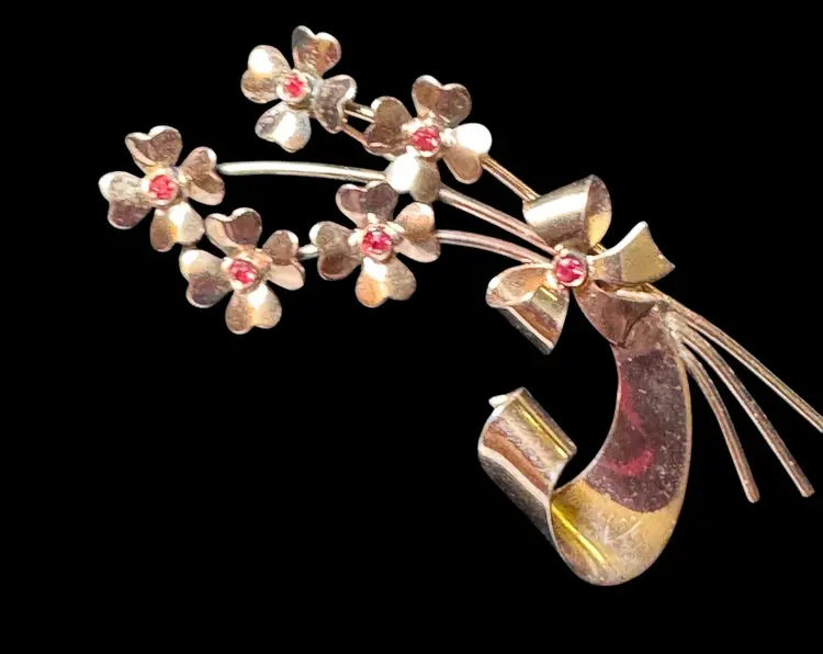 Vintage Coro Sterling Silver Vermeil Red Rhinestone Stem Flower Bouquet Brooch circa: 1940s