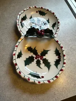 Ceramic divided serving dish with Christmas holly design.