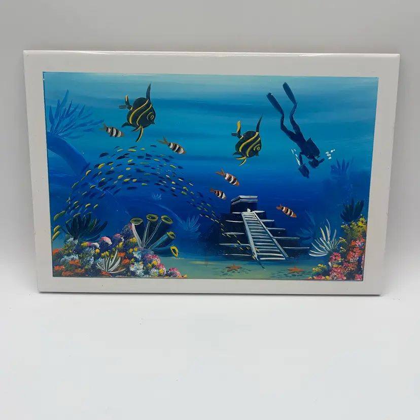 Hand Painted Tile Ocean Scene With Fish Coral And Diver Says Made In Mexico On The Back
