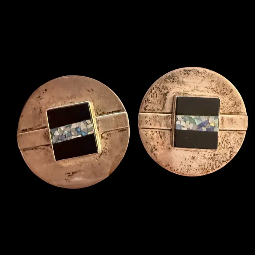 Vintage Great Falls Metal Works Sterling Silver Inlay Onyx And Opal Disc Post Earrings 1.25”