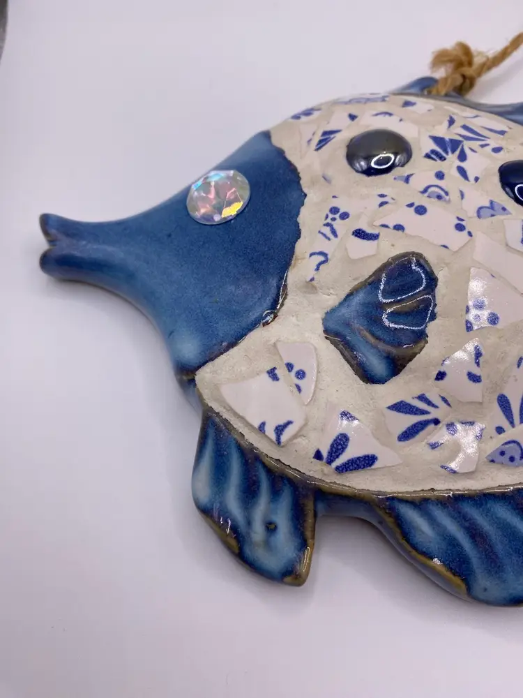 Blue Ceramic Fish Wall Plaque With Mosaic Tile Design