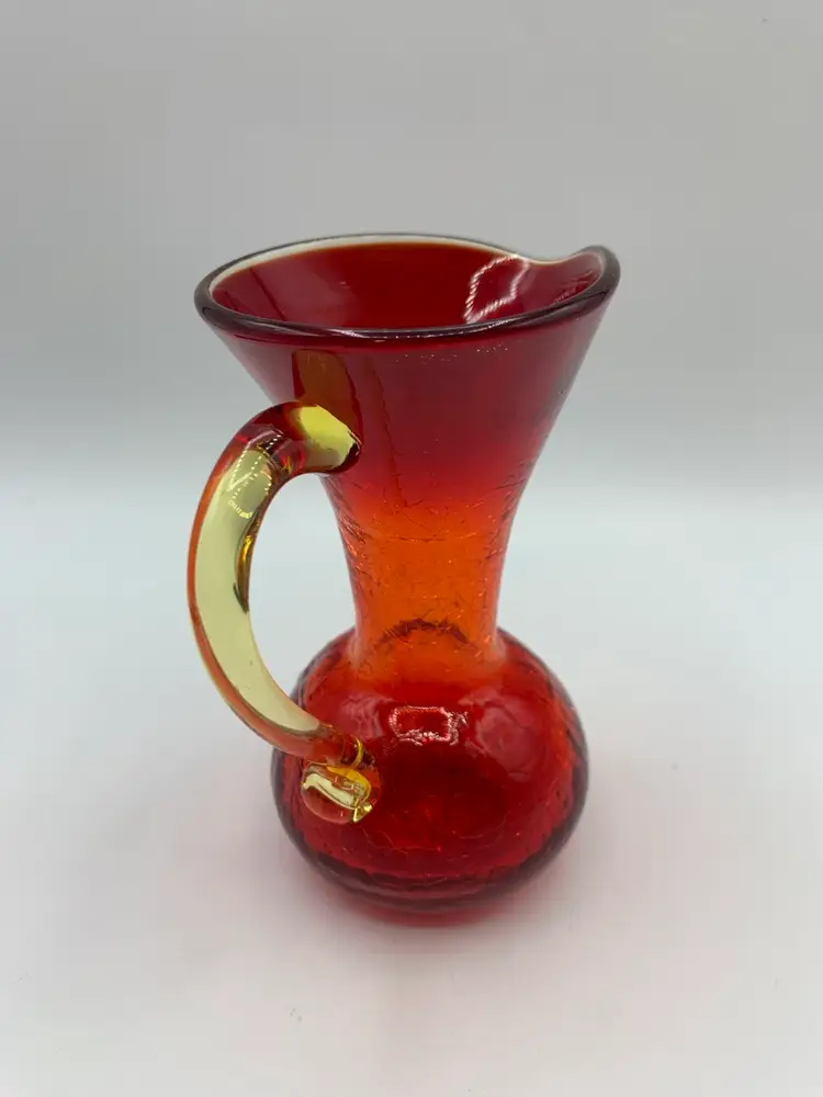 Vintage Rainbow Amberina Crackle Glass Pitcher Hand Blown Applied Handle MCM 1949-69
