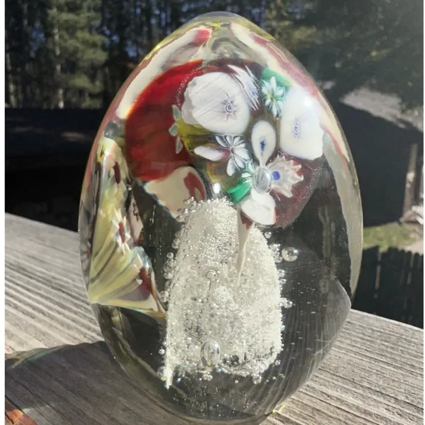 Murano Paperweight Pulled Millefiori Flower Egg Shaped Paperweight Partial Label