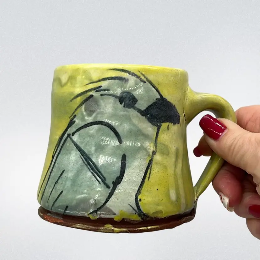 Studio Art Pottery Bird Drip Glaze Mug Green | 3.25”