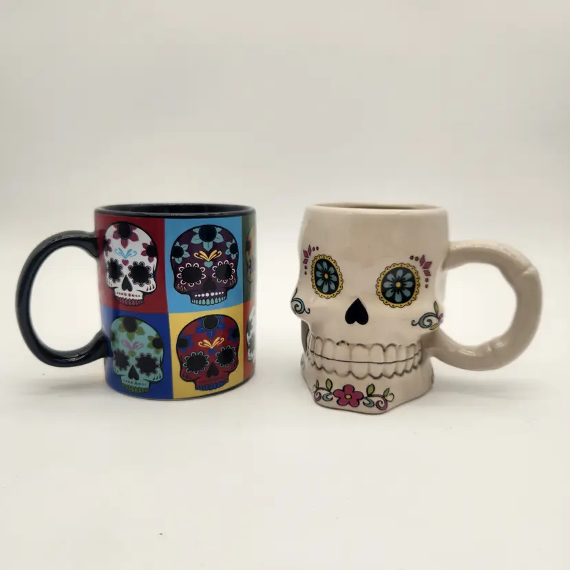 Day Of The Dead Skull Coffee Mugs Set of 2 Ceramic Sugar Skulls Halloween Decor