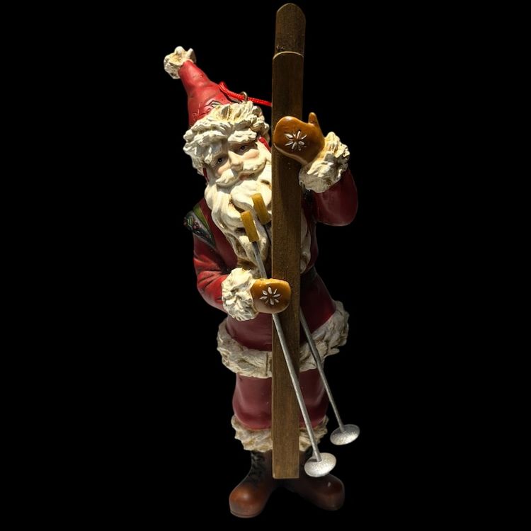 Skiing Santa- Beautifully Detailed Christmas Ornament- Resin, Wood, Metal -6” Tall