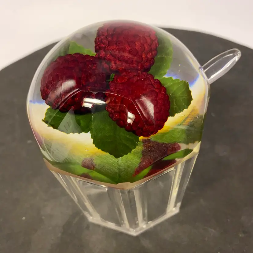 #4826 Vintage lucite jam pot with Raspberry Lid and matching spoon. Paperweight Lid.