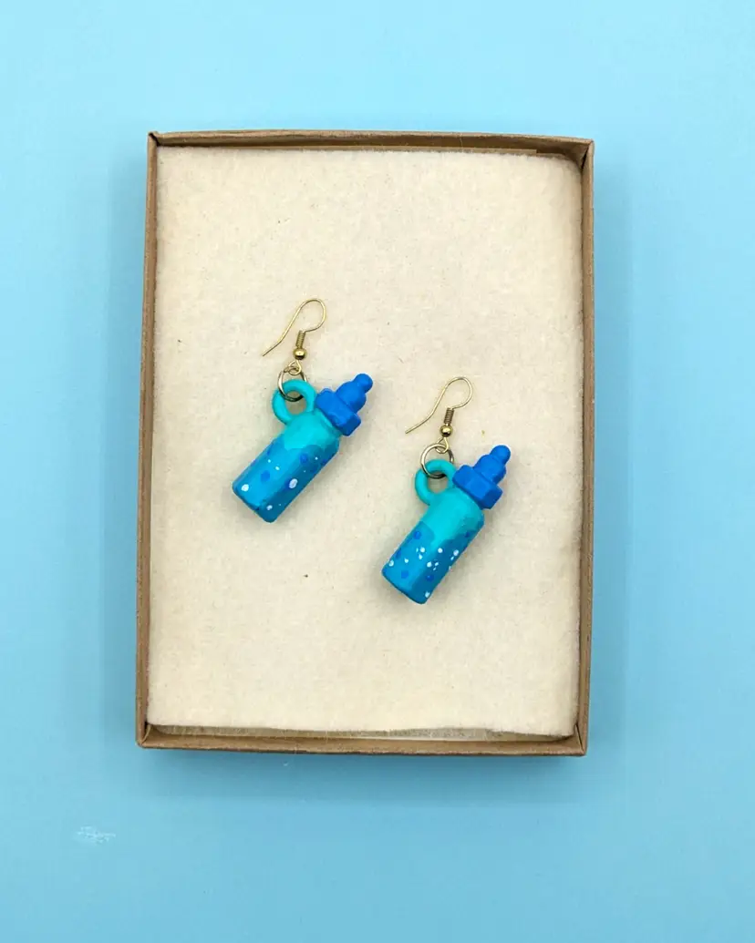 Playful Blue Water Bottle Hand-painted Dangling Earrings