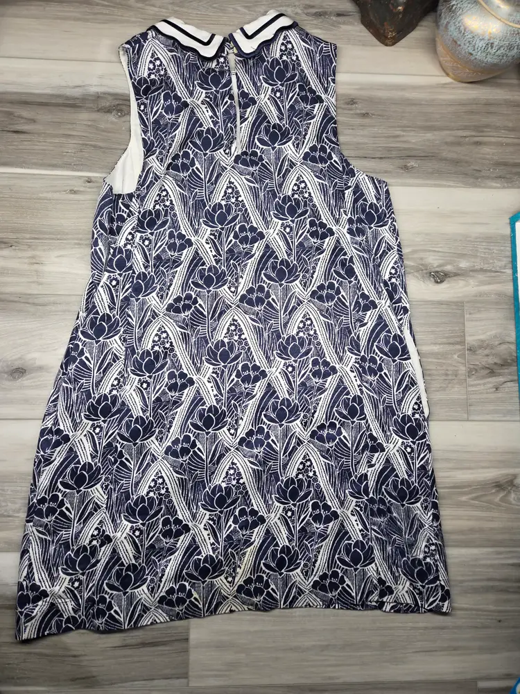 Anthropologie Maeve Lattice Floral Shift Dress Blue &White Lotus Flower Medium
