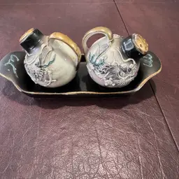 Dragonware Moriage Salt & Pepper With Tray, Ceramic 3D Painting , Some Paint Wear
