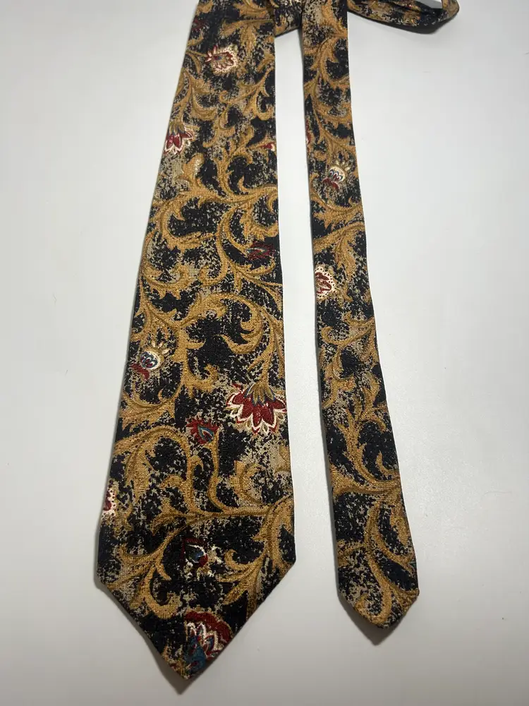Vintage Robert Talbott Silk Black Burgandy Blue Gold Flower Design Tie 59" x 3.75"
