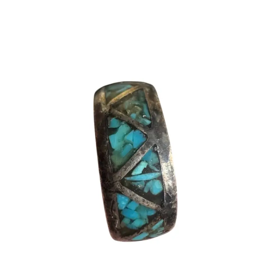 Retro Old Pawn Crushed Blue Turquoise Inlay Triangle Pattern Infinity Band Ring, Men's Southwestern, No Marks, 1970's