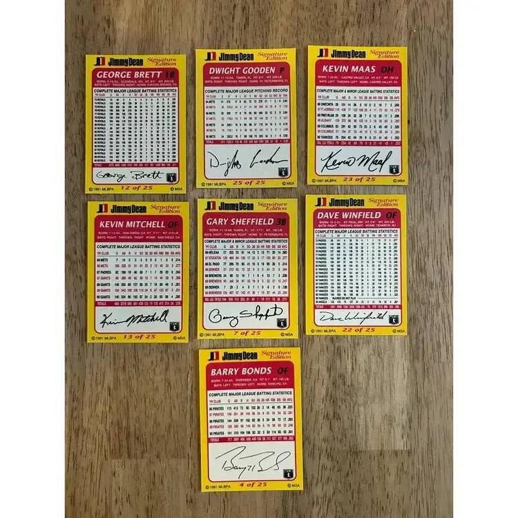 Lot of 7 ~ 1991 Jimmy Dean Edition MLB Cards ~ Gooden, Brett, Bonds.....