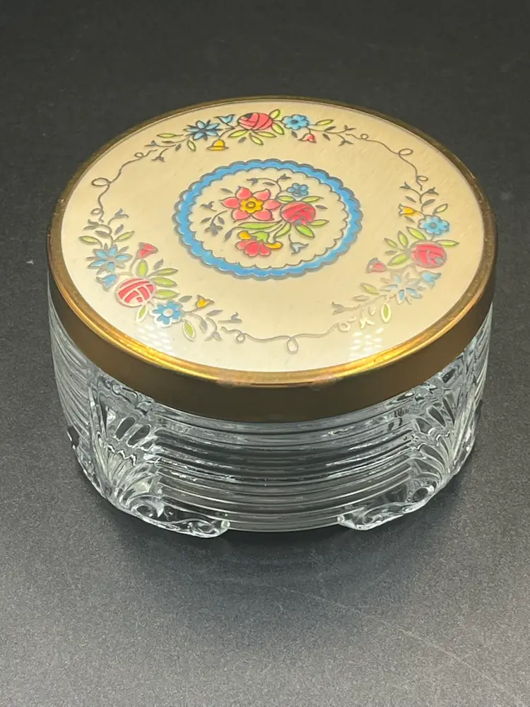 Art Deco Glass Vanity Powder Jar With Blue Ring And Floral Lid
