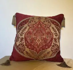 Ethan Allen Red and Gold Ornate Tassle Throw Pillow
