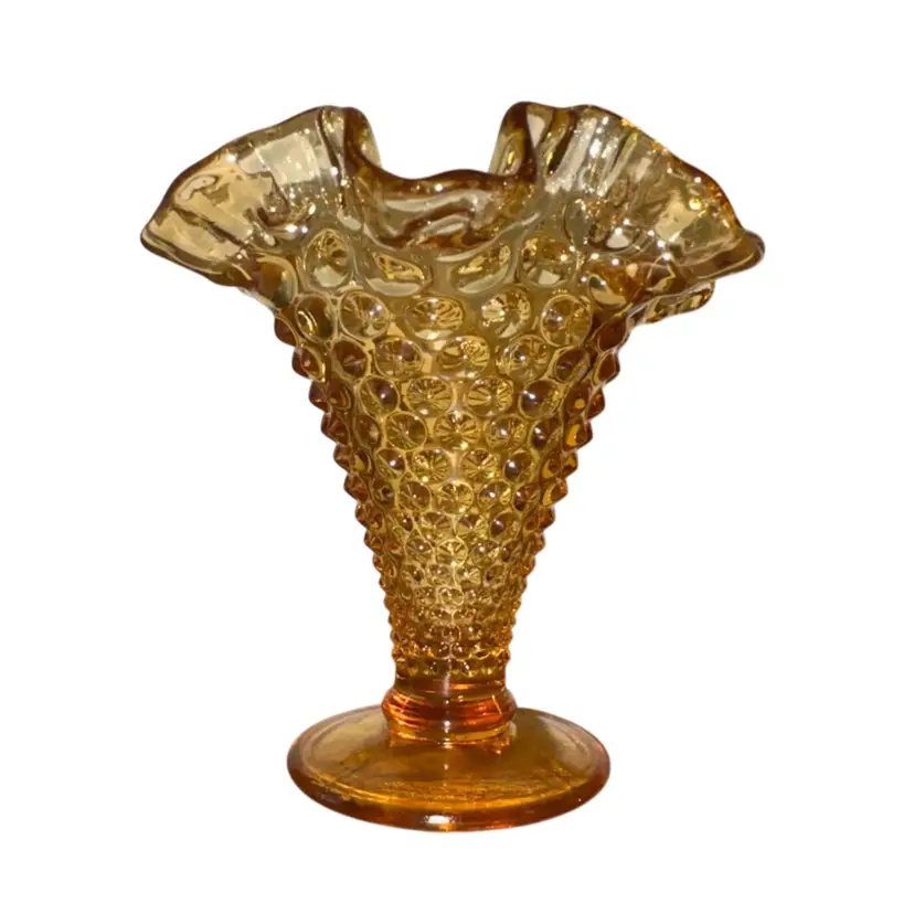 1970’s Fenton Small Amber Glass Hobnail Ruffled 4” Bud Vase