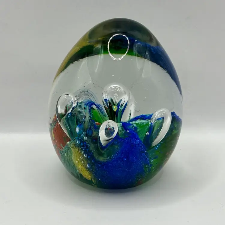 Retro Art Glass Paperweight Hand Blown Teardrop Bubbles Colorful Egg Shaped