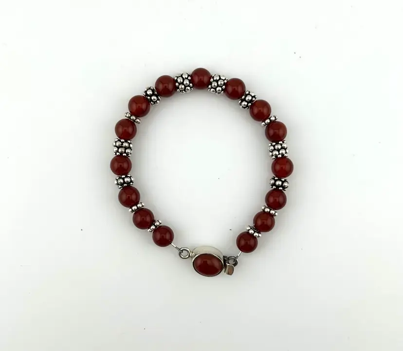 Dainty Carnelian and Silver Beaded Bracelet Made By Me 6.75β