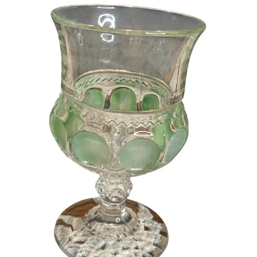 Vintage King’s Crown Thumbprint Goblet W/ Green Dots EAPG 3 3/4 Inch Tall