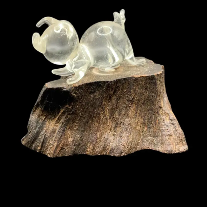 Crystal Pig Figurine on Wood Base Clear Glass Pig On Natural Wood Base 2.25” X 2”