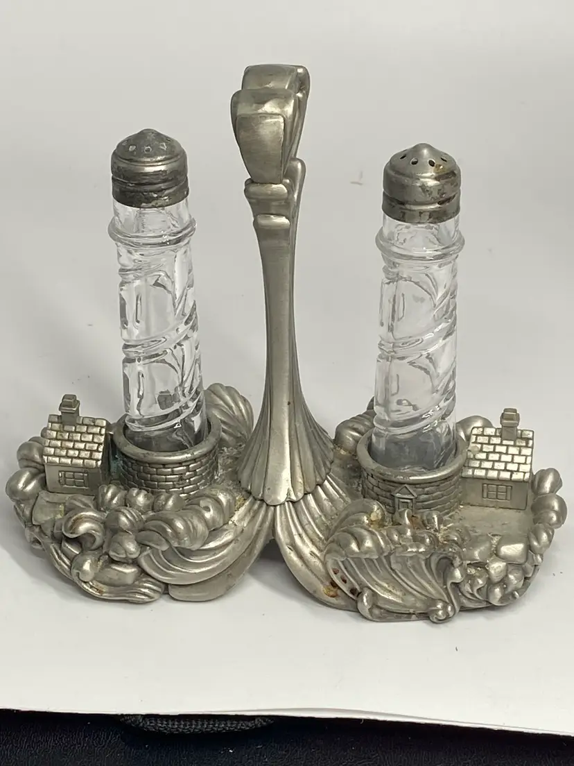 Lenox Silver Seas Lighthouse lead crystal salt and pepper shaker set with a pewter caddy.