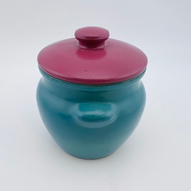 Vintage Blue And Purple Fired On Color Milk Glass Cheese Crock Marked Duchess Cheese New York 3.25” FF