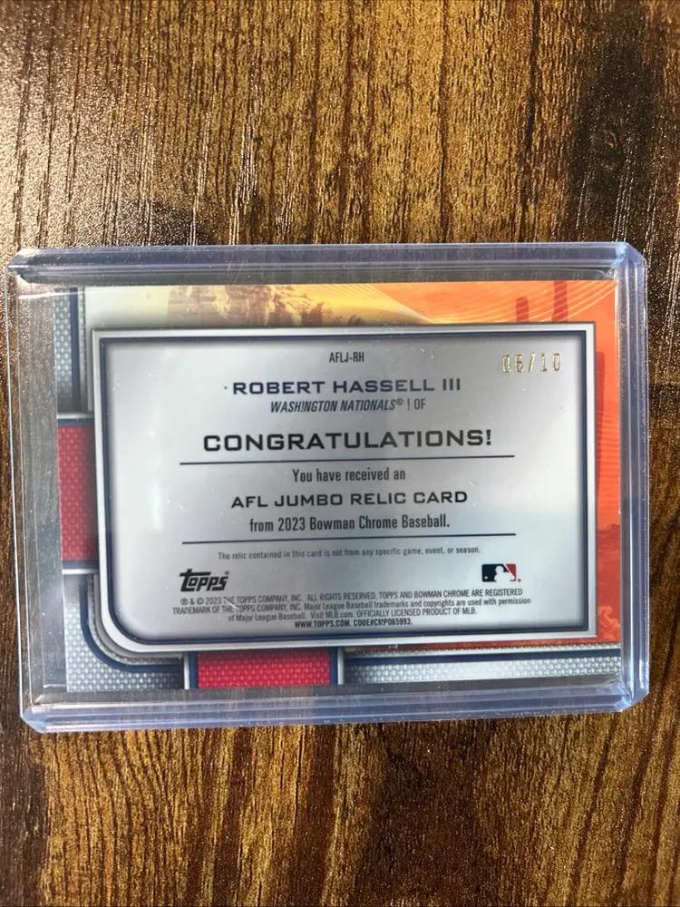 Robert Hassell 2023 Bowman Chrome AFL Jumbo Relic 06/10 Washington Nationals