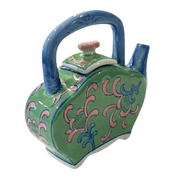 Blue Green and Pink Hand Painted Ceramic Teapot Signed by Ben Rickert