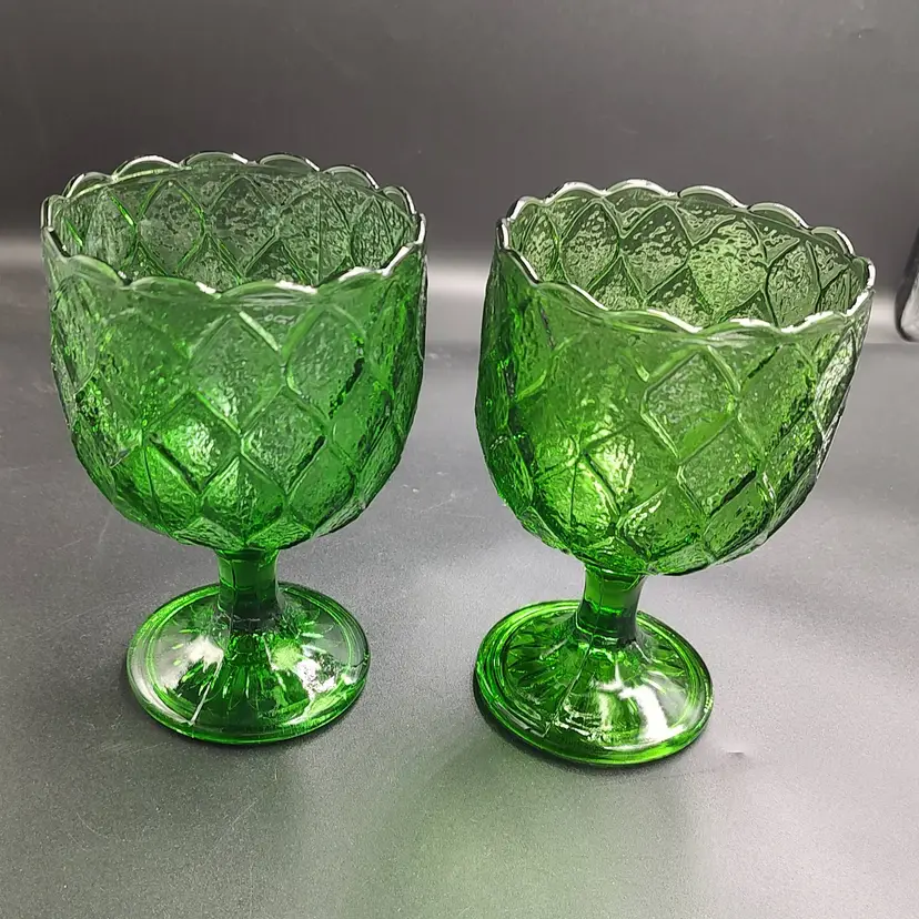Vtg Harlequin Quilted Pattern Green Glass Goblets/ Compote