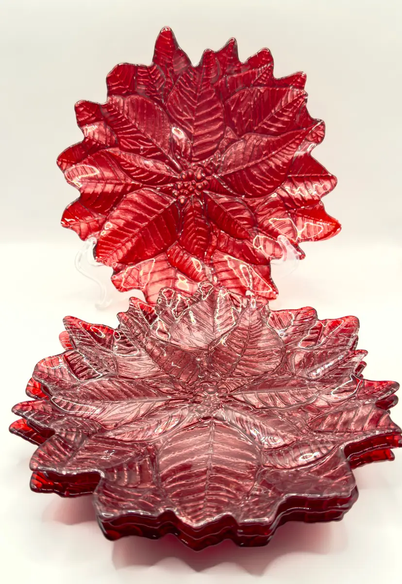 Vintage Shimmer Red Poinsettia Glass Plates Set of 4, Festive Holiday Decor, By Akcam, Made in Turkey