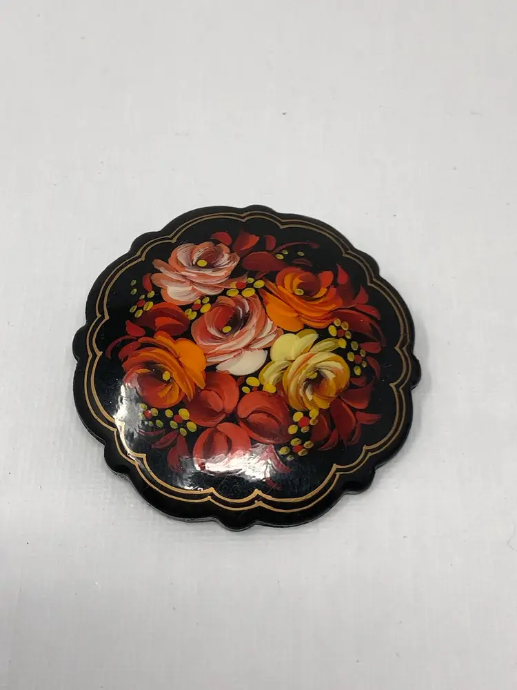 Russian Wooden Lacquerware Brooch with Floral Design, Signed