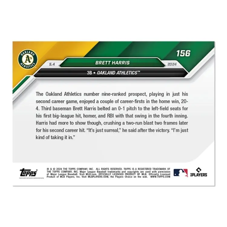 2024 ToppsNOW #156 Brett Harris RC Belts 1st 2 MLB Home Runs In 20-4 Blowout