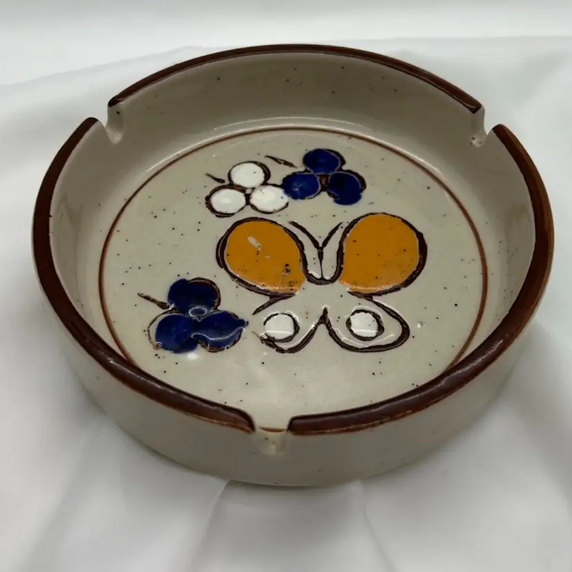 #2028B Vintage Handcrafted Otagiri Stoneware Ashtray with Butterfly and Flowers