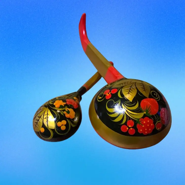 13. Vintage Russian Khokhloma Wooden Spoons Folk Art Deco Set of 2 Hand Painted