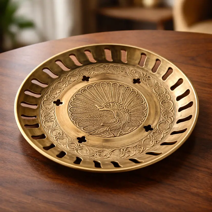 Brass Trinket Dish Adorned with Peacock, 4.75" Diameter