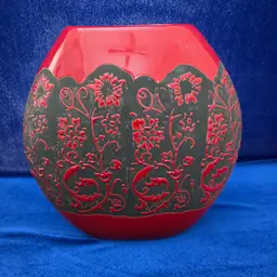 180 - Chinese Carved Cinnabar Style Lacquered Pillow Vase VTG Marked