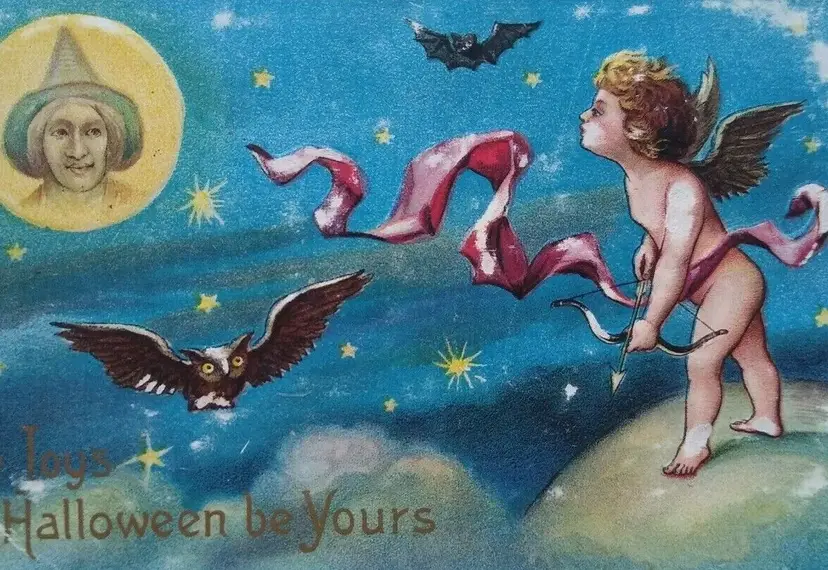 Halloween Postcard Series 630 Cupid Standing On Clouds Owl Bat Fantasy