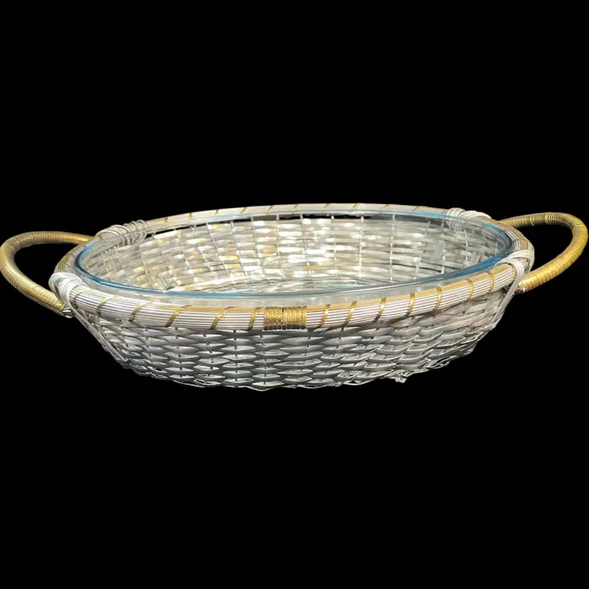 Marinex Casserole Oval Dish Nestled in Woven Metal Silver Tone & Metal Brass Woven Basket w/ Handles