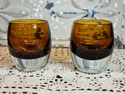 Set of 2 Crate & Barrel Diva Amber Glass Candle Holders or Whiskey Tumblers