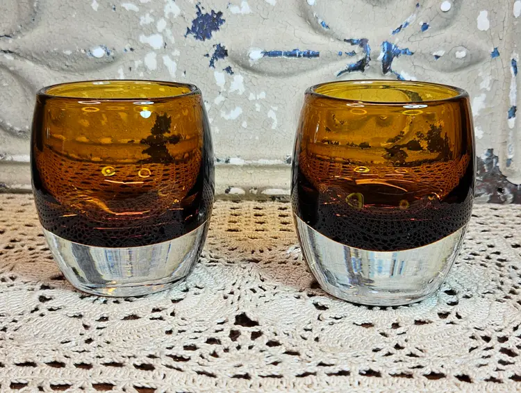 Set of 2 Crate & Barrel Diva Amber Glass Candle Holders or Whiskey Tumblers