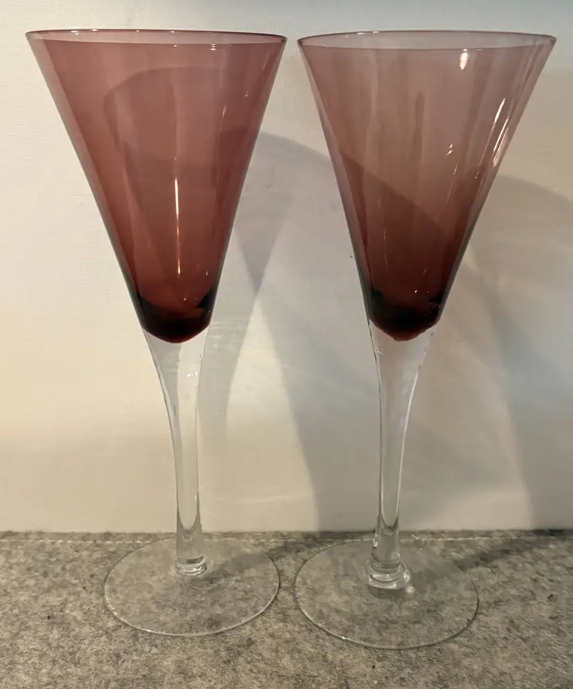 2 Amethyst and Clear long Stemmed Trumpet Style Wine Glasses  # 2985