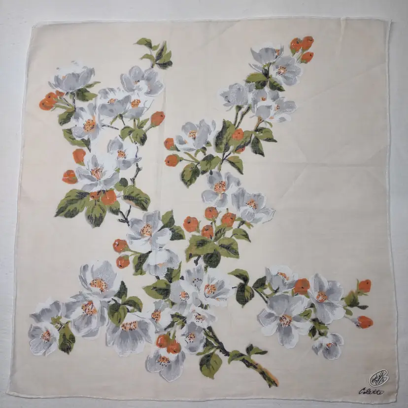 Vtg Designer Hankie Colette 16x16.25 hand painted floral in orange/white on lite peachbackground 26CG04 H565