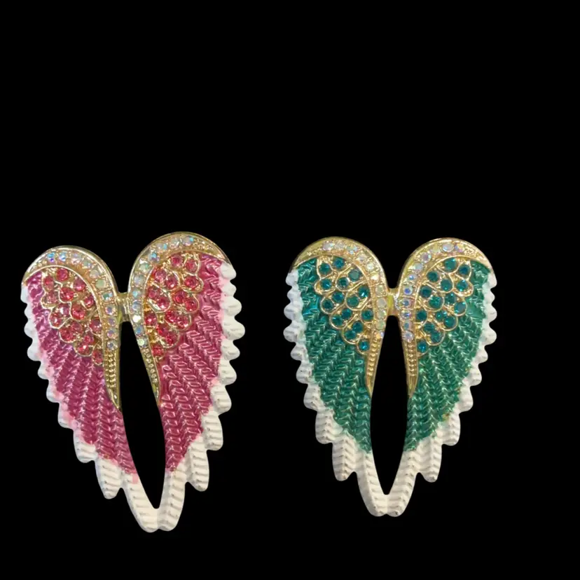Two Goldtone Angel Wing Brooches. One Pink & White Enamel With Iridescent & Pink Glass Rhinestones. And Green & White  Enamel Angel Wing Brooch With Iridescent & Green Glass  Rhinestones. Not Signed.