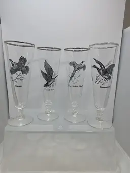 Vintage Federal Glass Sportsman Pilsner Glasses Set of 4 Game Birds Silver Rim