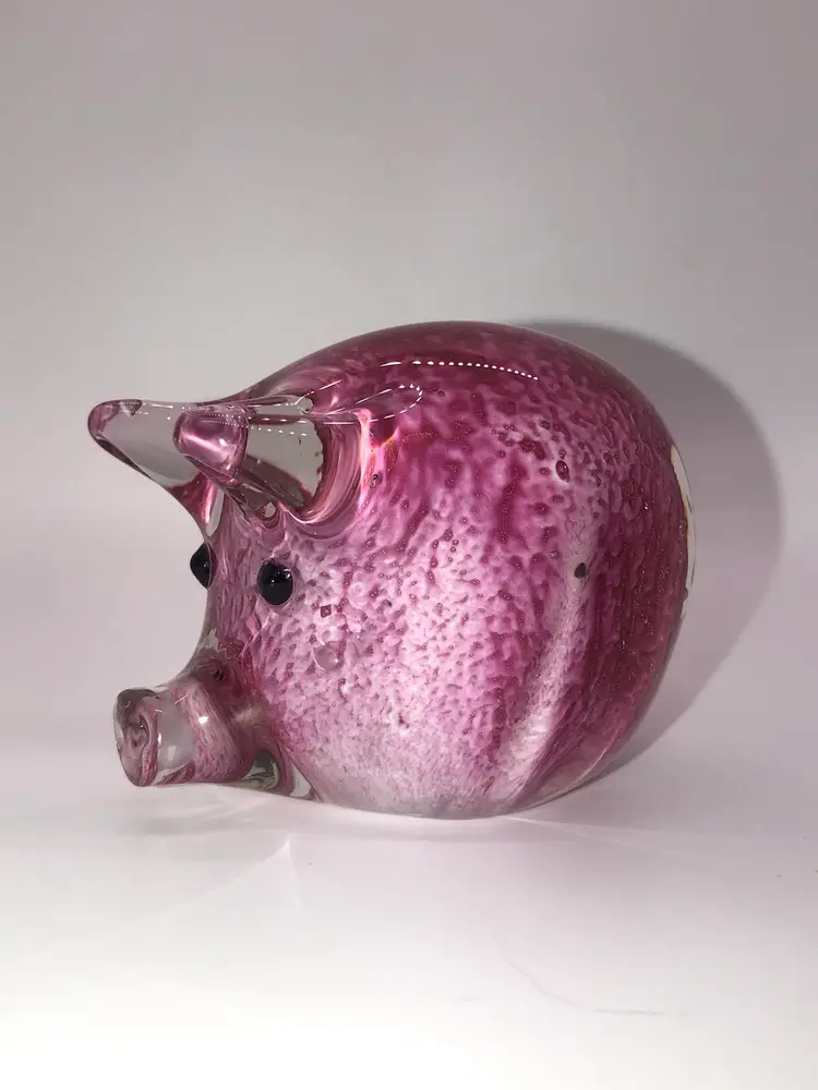 Murano Glass Style Pig Paperweight Pink Swirl Glass Hand Blown Glass