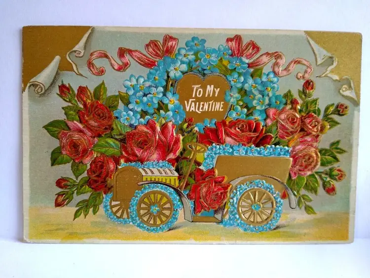 To My Valentine Postcard Automobile Car Jalopy With Flowers Roses Deep Embossed